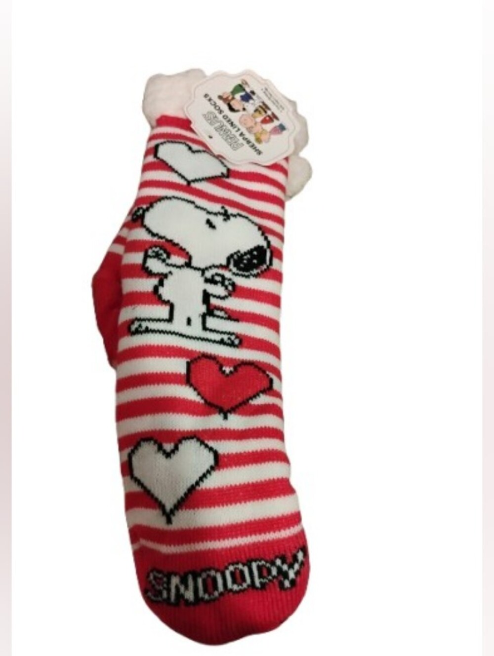 NWT Peanuts Snoopy Love Striped Fuzzy Socks with Grips